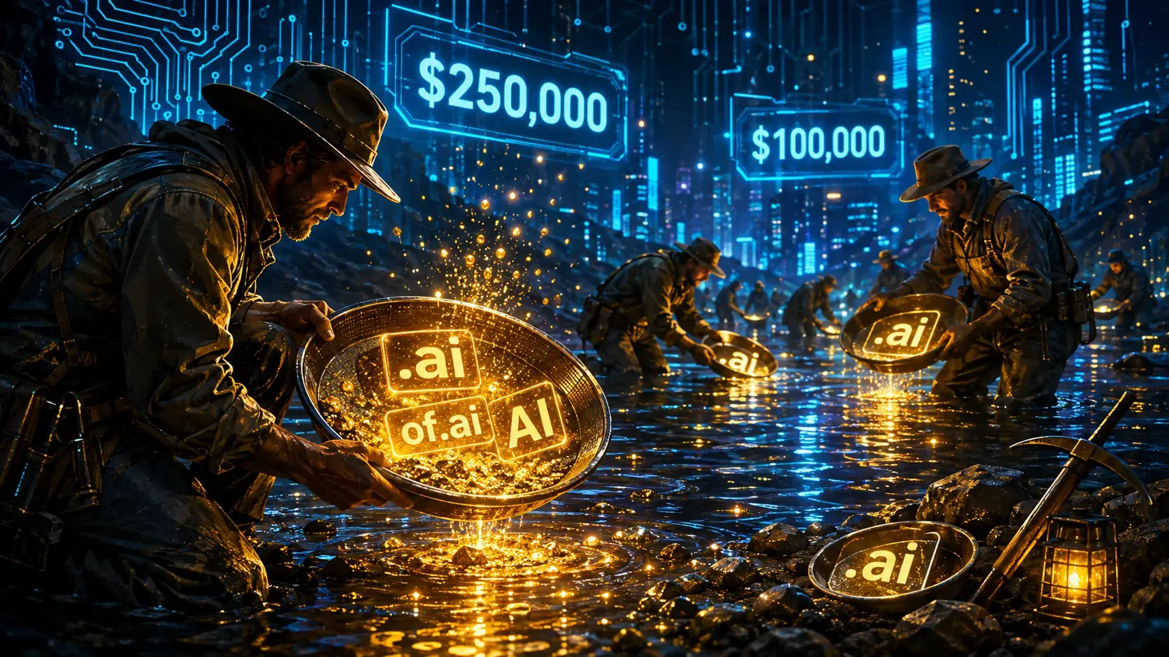 Illustration of the .ai domain gold rush: prospectors panning for glowing .ai domain names, August 2026
