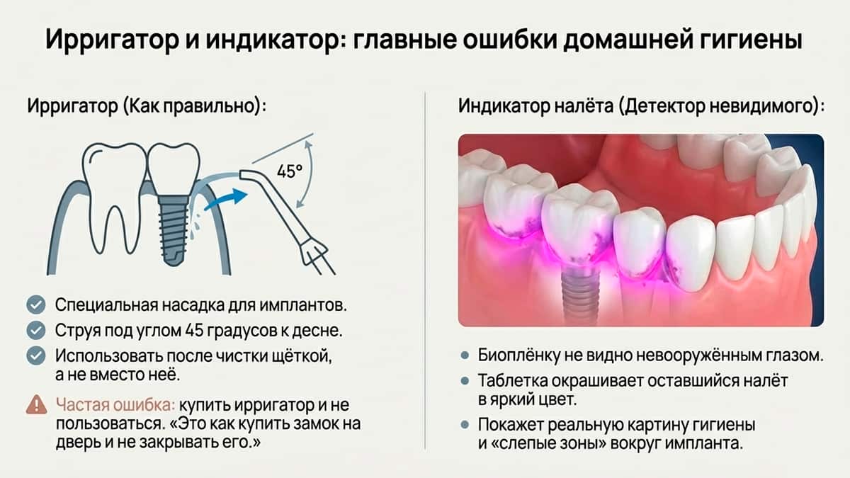Индикатор налёта — это таблетка или жидкость, которая окрашивает зубной налёт