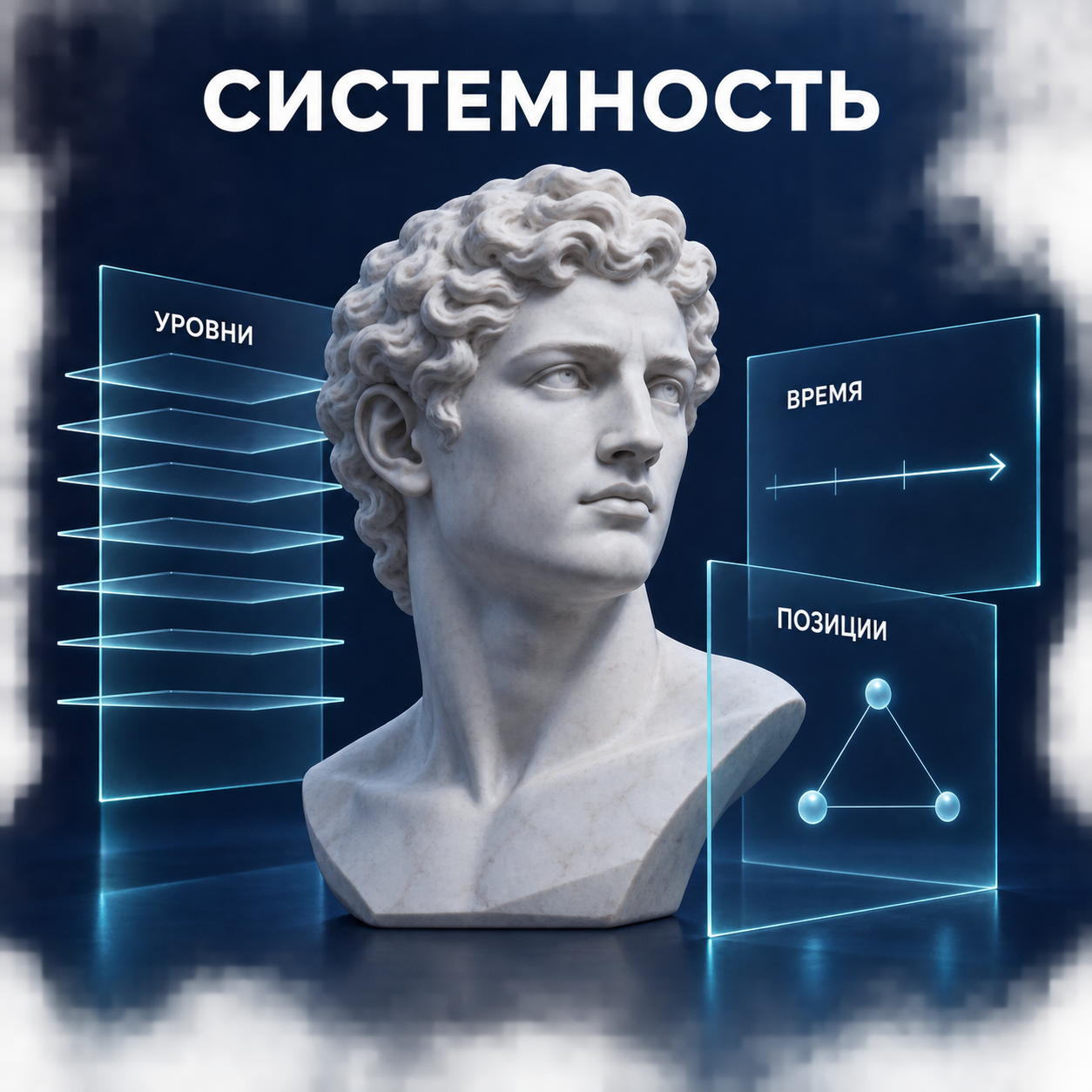 Системность: скульптурный бюст и схемы на прозрачном стекле