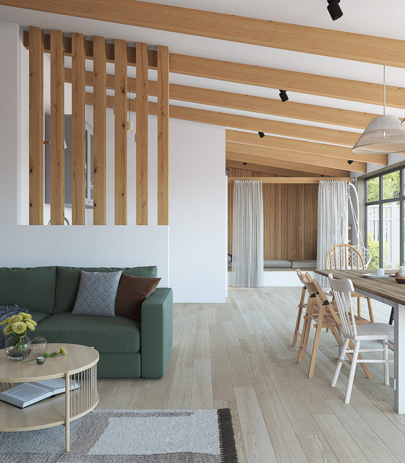 Веранда с окнами в пол. Подиум в доме. Столовая