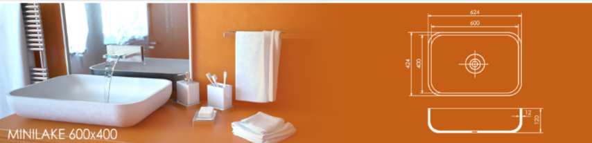 Раковина MINILAKE 600x400 из акрилового камня, размеры: ширина 600 мм, глубина 400 мм, высота борта 120 мм. Прямоугольная форма с плавными углами, схема параметров и монтажа