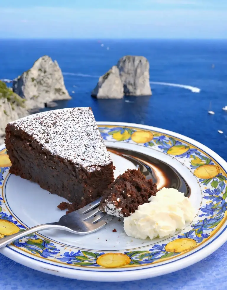 Традиционный торт Капрезе на тарелке с видом на море и скалы Фаральони, Капри, Италия.