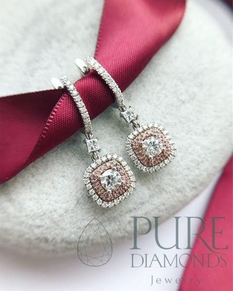 Серьги с бриллиантами и розовыми сапфирами на английском замке
