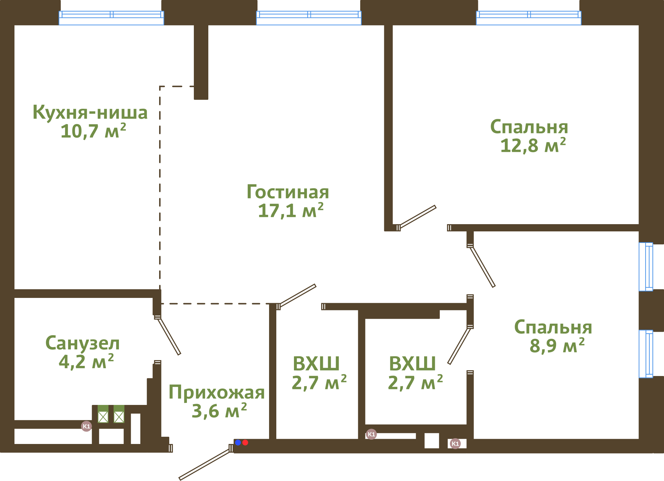 Планировка 3-комнатной квартиры 62,70 м²