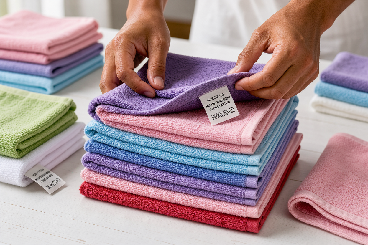 stack of colorful terry towels being sorted by hand on a wooden table, close-up of textures and care labels, natural daylight