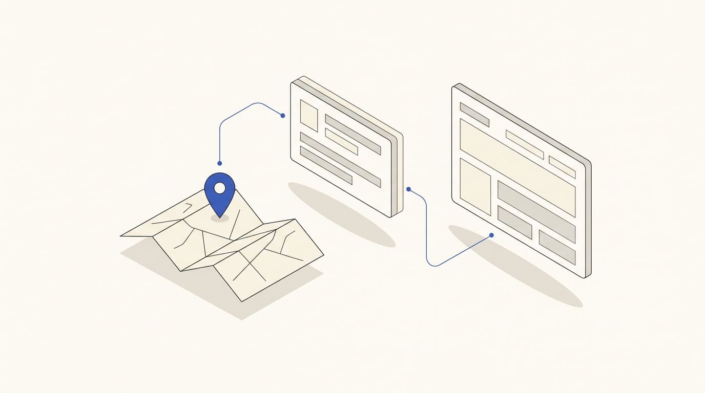 A pin on an abstract map connects to a business-profile card and a service page for local search.