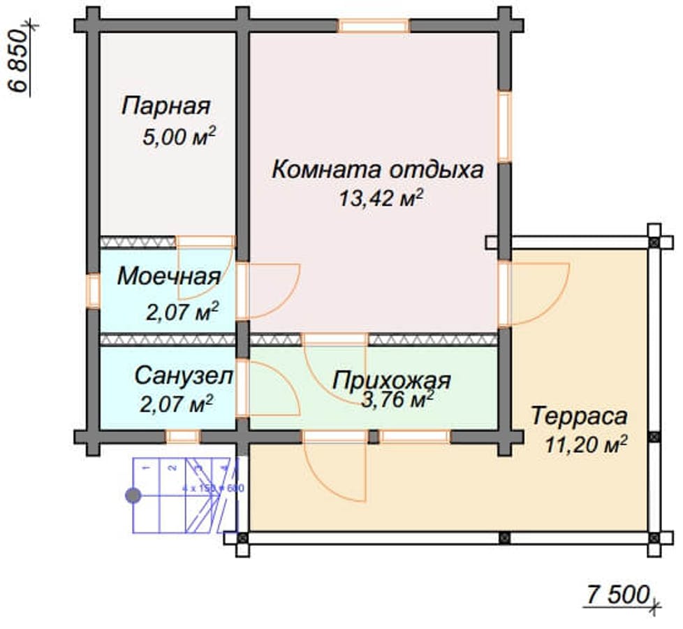 Проект бани с комнатой отдыха и туалетом и террасой и бассейном