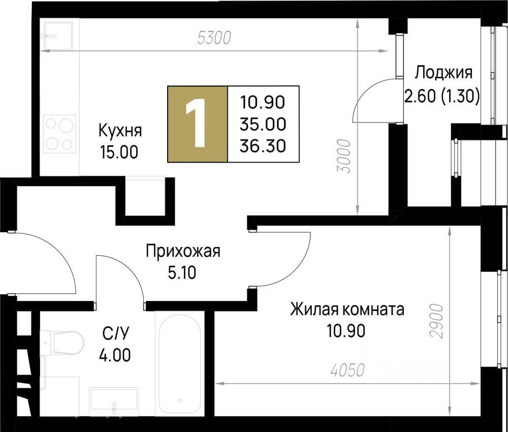 Планировка 1-комнатной квартиры 36.3 м²