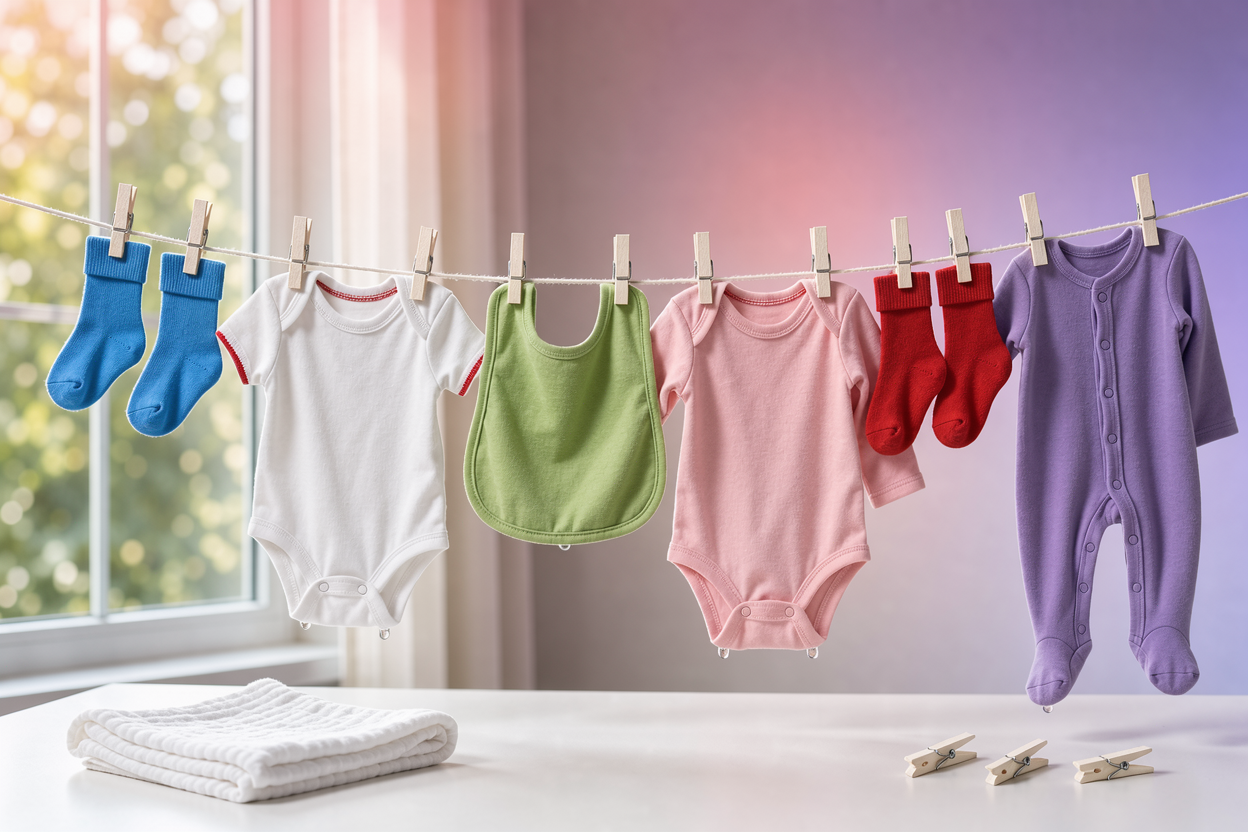 Freshly washed baby clothes hung to dry on a line indoors near a window, soft sunlight illuminating tiny socks and bodysuits