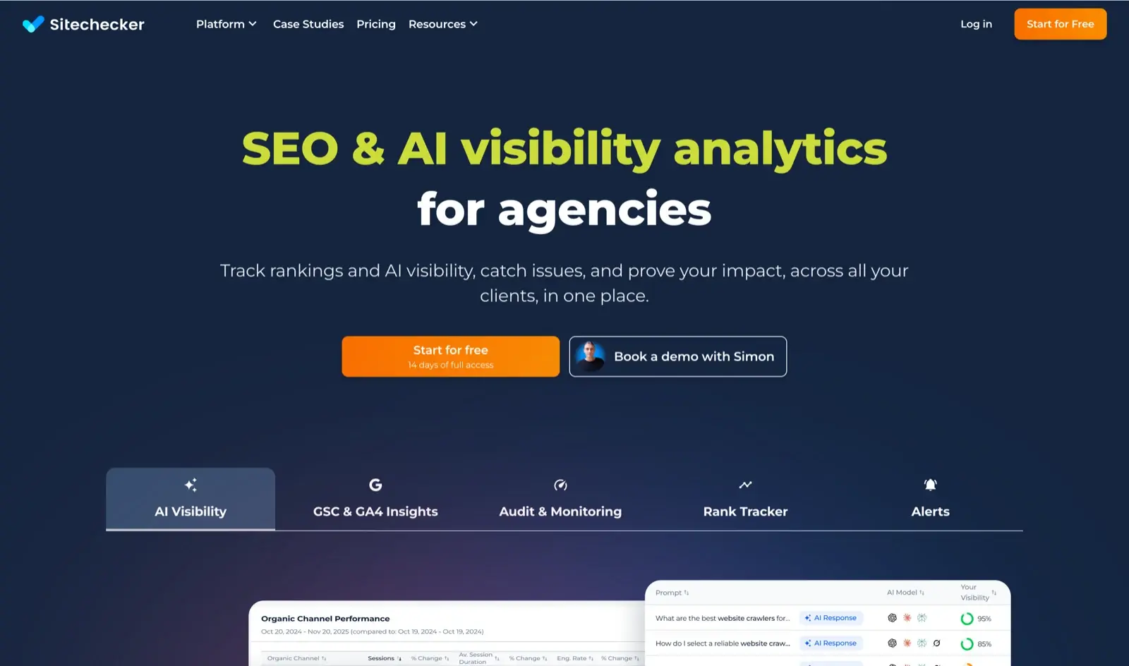 Sitechecker homepage with its Audit and Monitoring tab