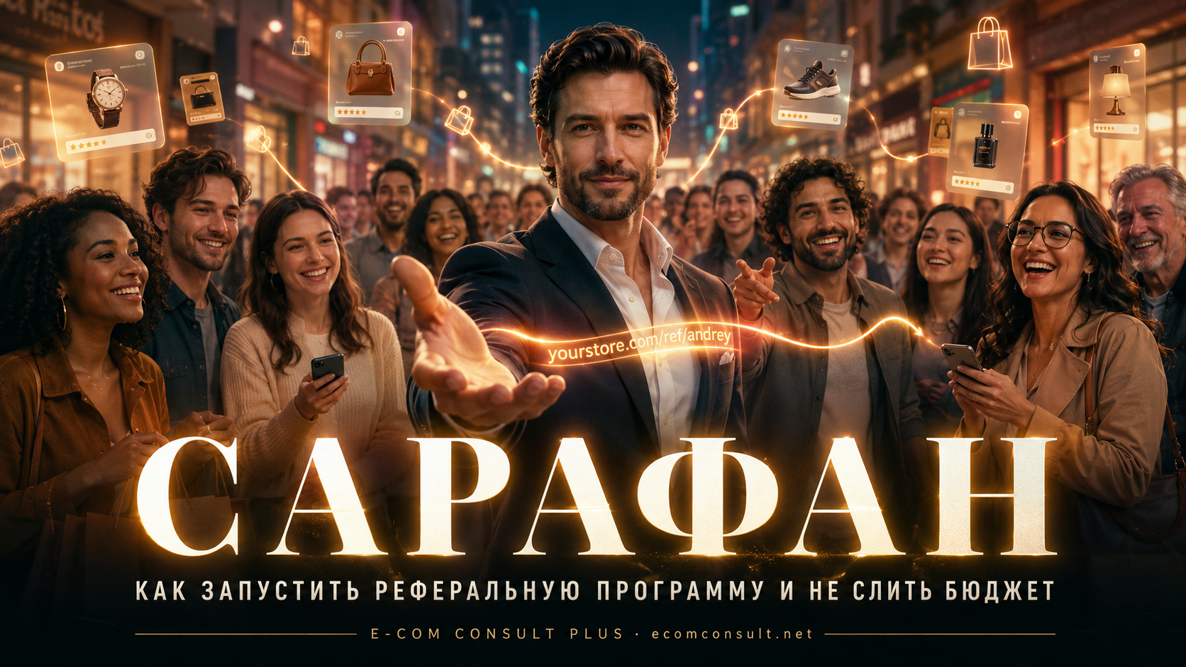 Киноплакат статьи Сарафан: бизнесмен передаёт светящуюся реферальную ссылку окружающим людям со смартфонами на фоне торговой улицы — E-COM CONSULT PLUS