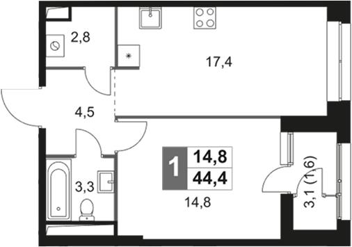 2-комн — 44,4 м²