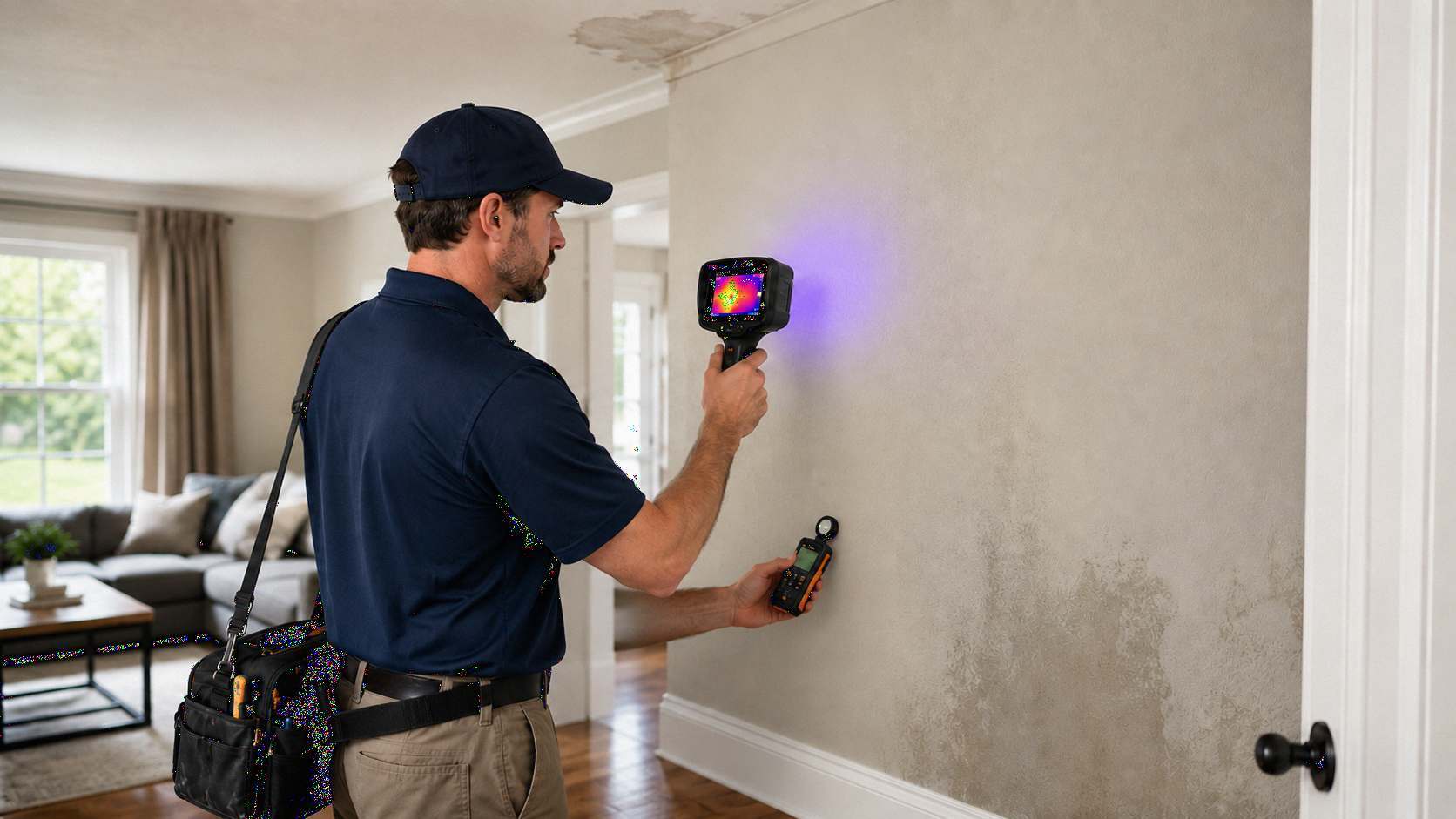 Restoration technician using a thermal imaging camera and moisture meter to detect hidden water damage behind a wall with visible water stains wet drywall and moisture inspection equipment inside a home