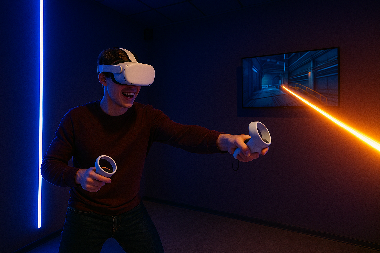 Игрок в VR очках играет в боевик с контроллерами в московском клубе виртуальной реальности