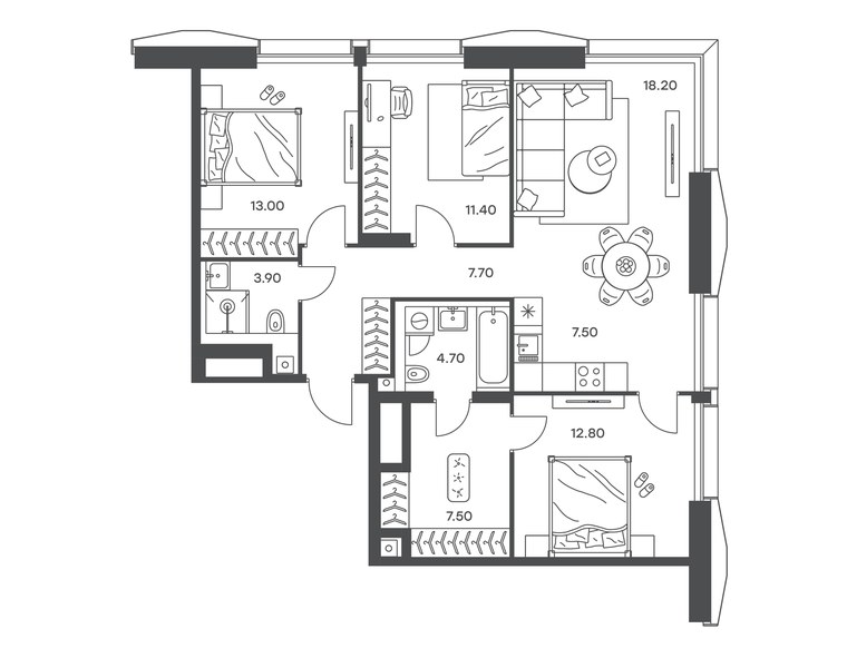 Планировка 4-комнатной квартиры 86,7 м² в ЖК «Инджой»: секция 3, 30-й этаж