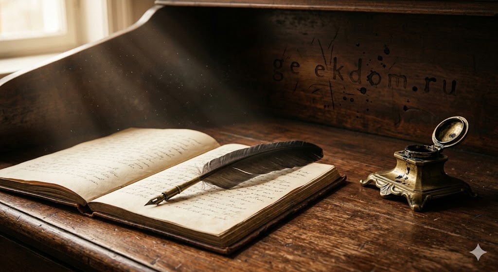 Всемирный день поэзии старинный стол писателя с чернильницей и пером.