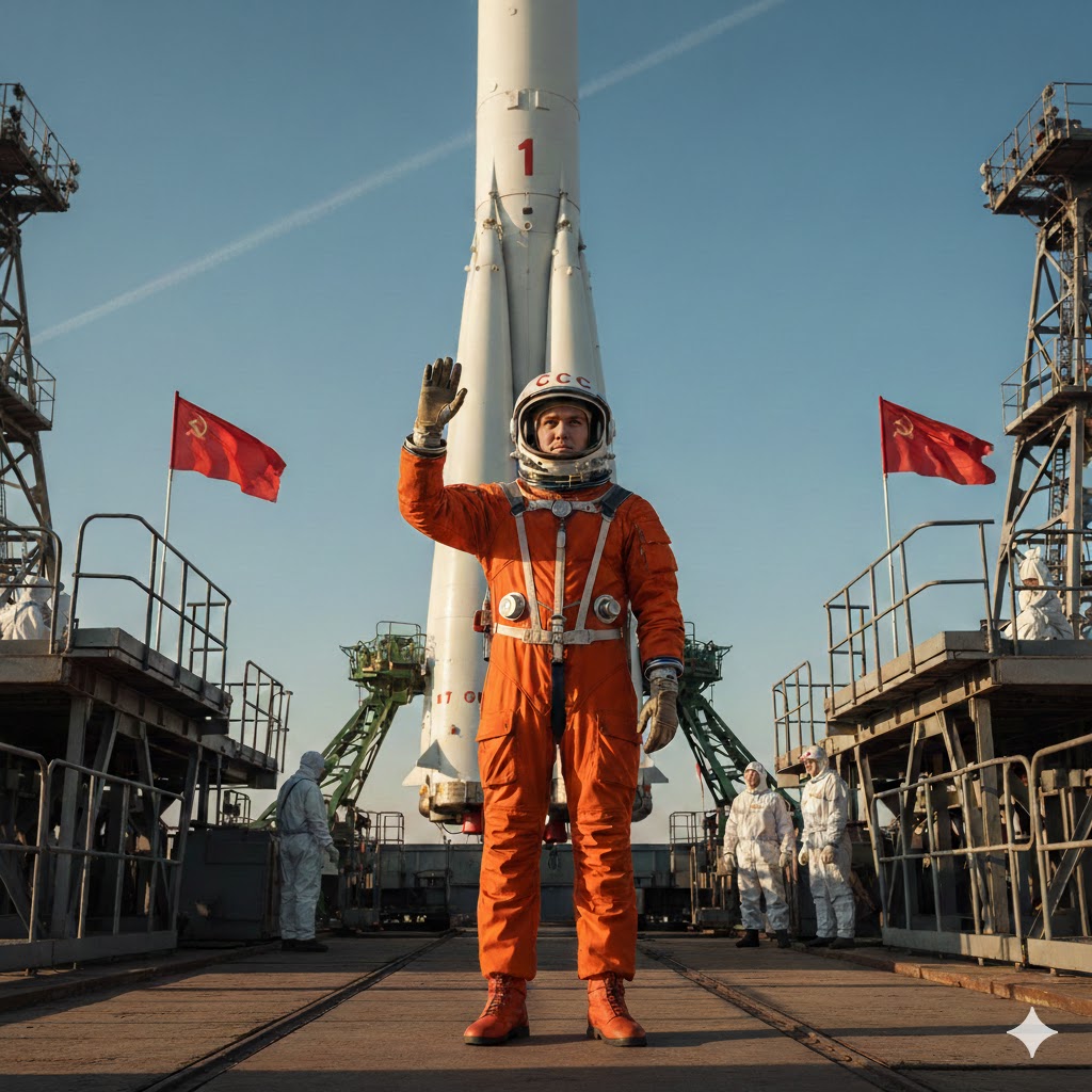 Юрий Гагарин в скафандре приветствует команду перед стартом ракеты Восток-1 на космодроме Байконур.