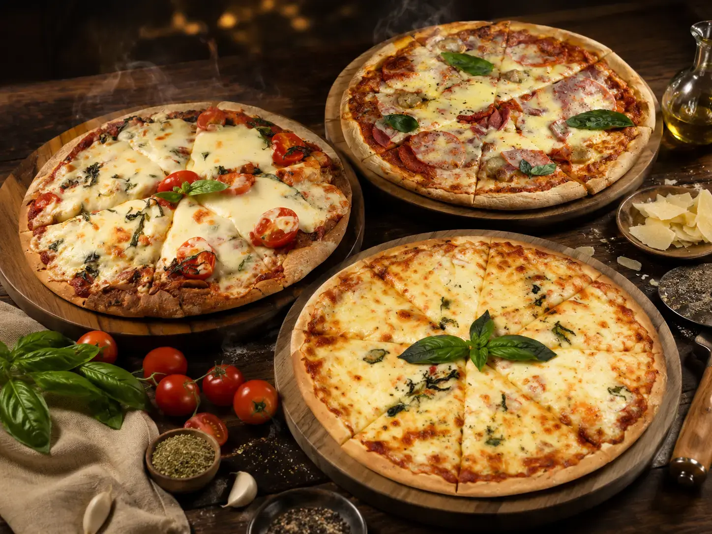 Three delicious-looking pizzas, including Margherita and multi-topping varieties, are presented on wooden boards on a rustic table, highlighting the diverse options available when choosing the best pizza in Seminyak.