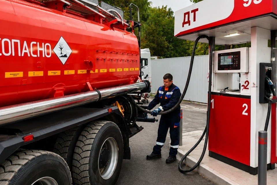 Наш бензовоз под наливом: партию набирают на нефтебазе и сразу везут на объект, без промежуточных перевалок