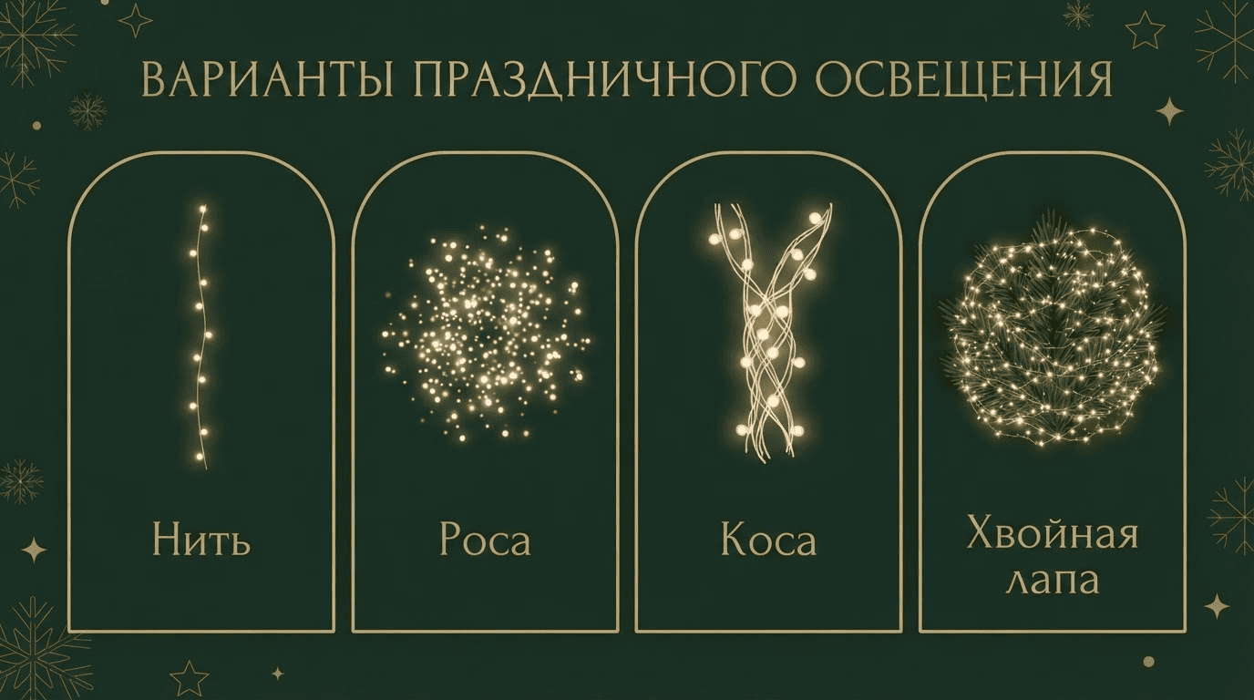 Сравнение типов гирлянд для ёлки: нить, роса, коса, хвойная лапа