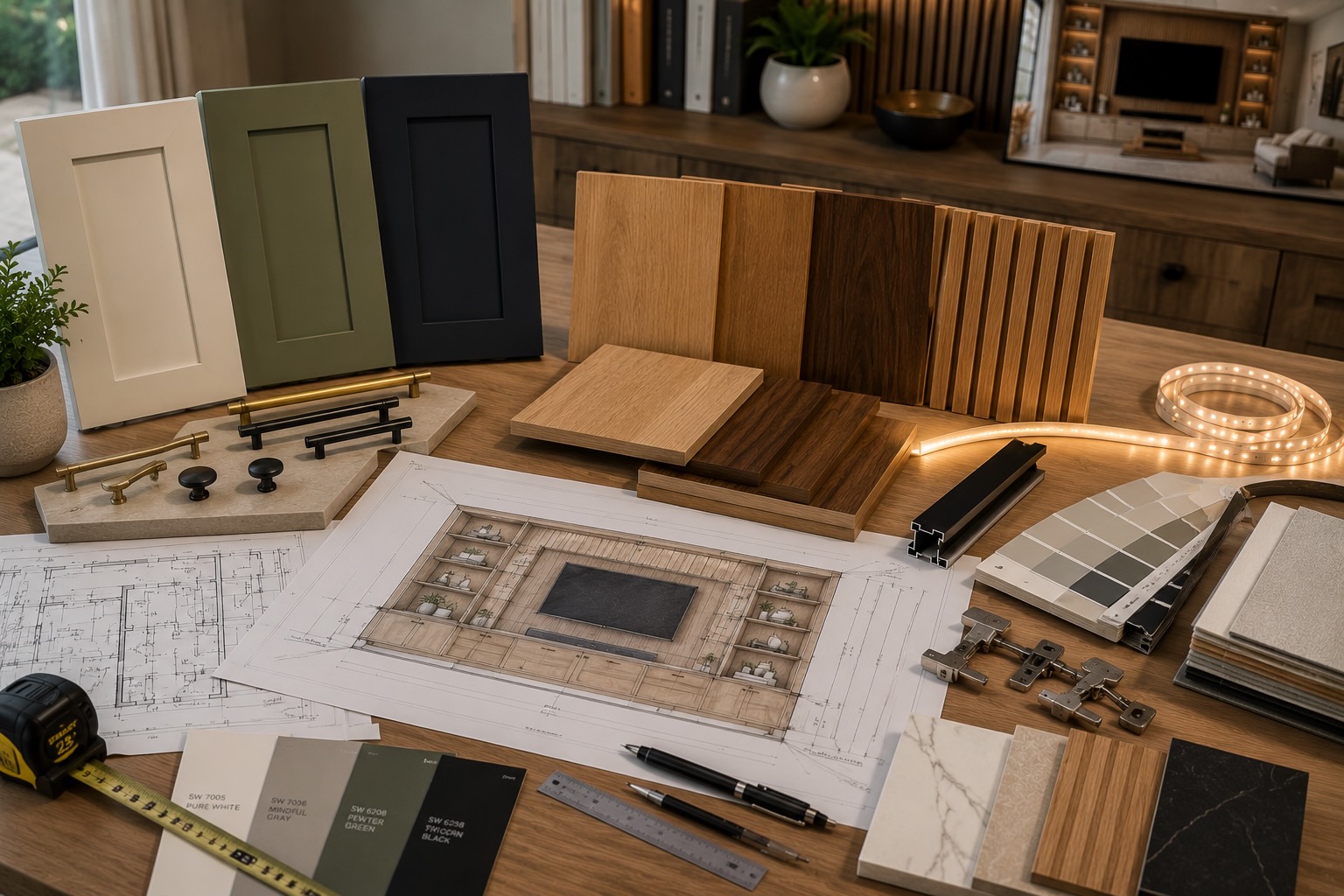 Cabinetry materials, architectural drawings, and design samples for custom built-ins.