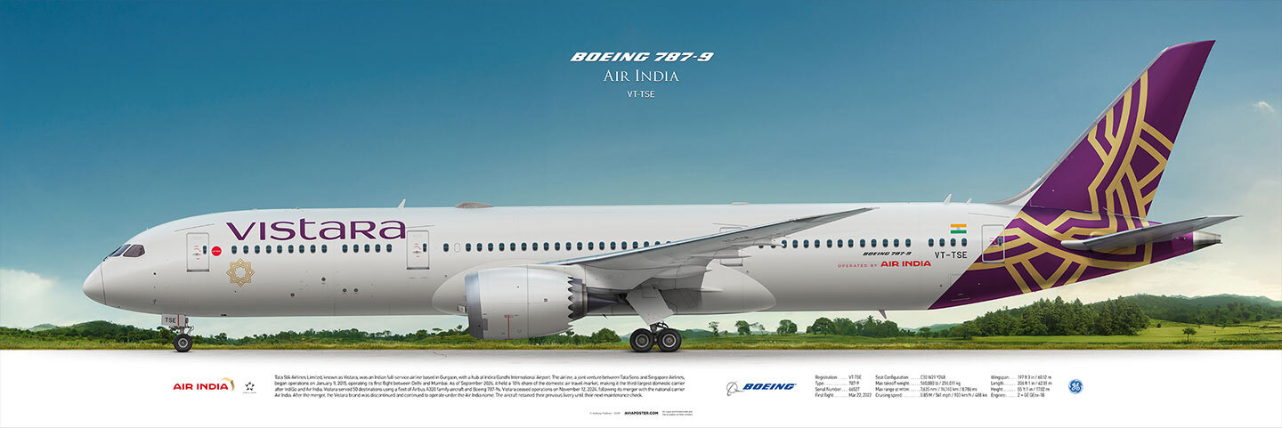 Poster of Boeing 787-9 Dreamliner, Vistara. Airplane on Indian landscape background