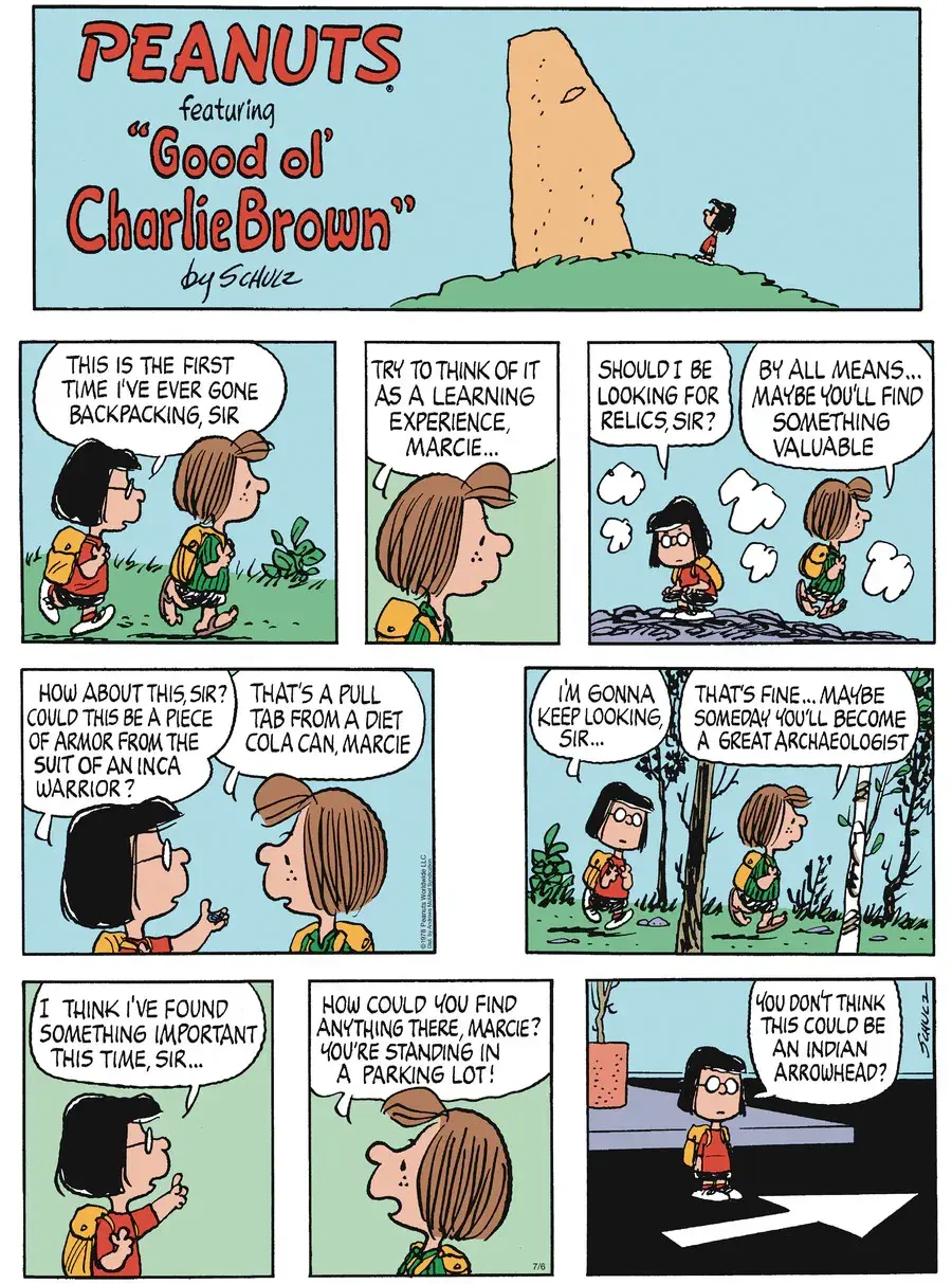 Комикс Peanuts: герои идут в поход и обсуждают, как находить ценные вещи — пример образовательного комикса на английском языке