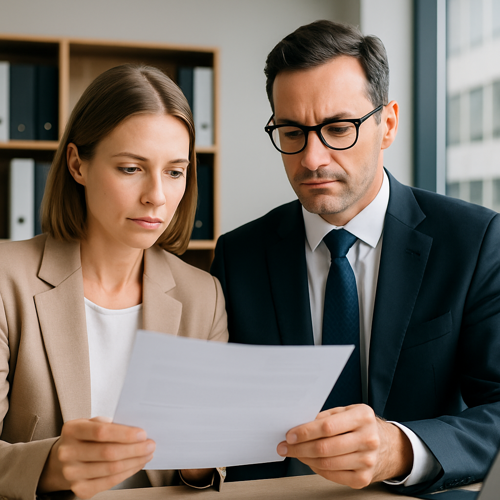 Profesionales discutiendo la estructura empresarial con documentos legales suizos de fondo.