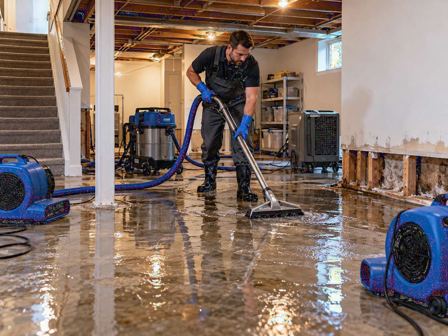 Flooded basement cleanup with professional water extraction, standing water removal, air movers, and dehumidifier during basement drying
