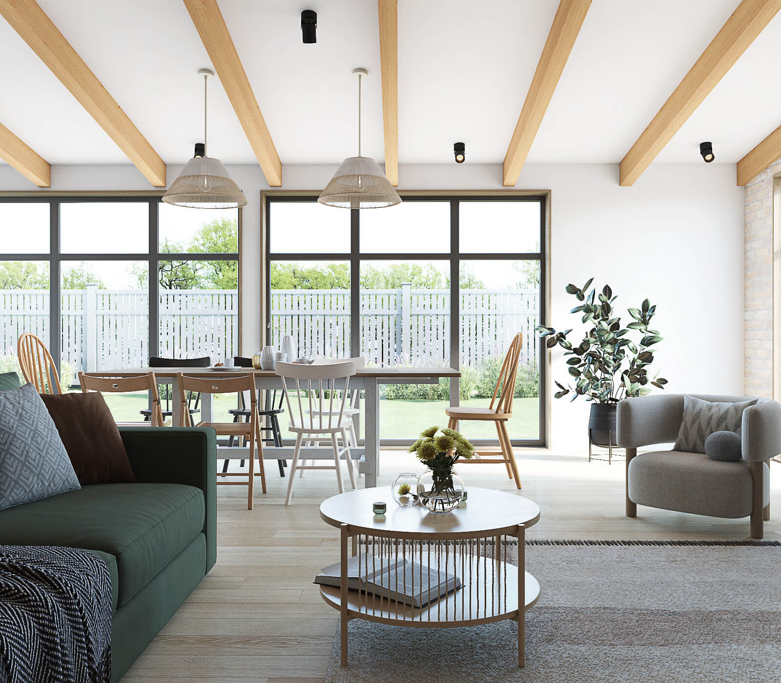 Загородный дом со столовой и камином. Окна в пол. Кресло. Фикус. 