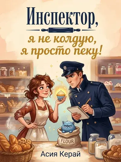 Обложка книги «Инспектор, я не колдую, я просто пеку!» Асии Керай, созданная в Метранпаже