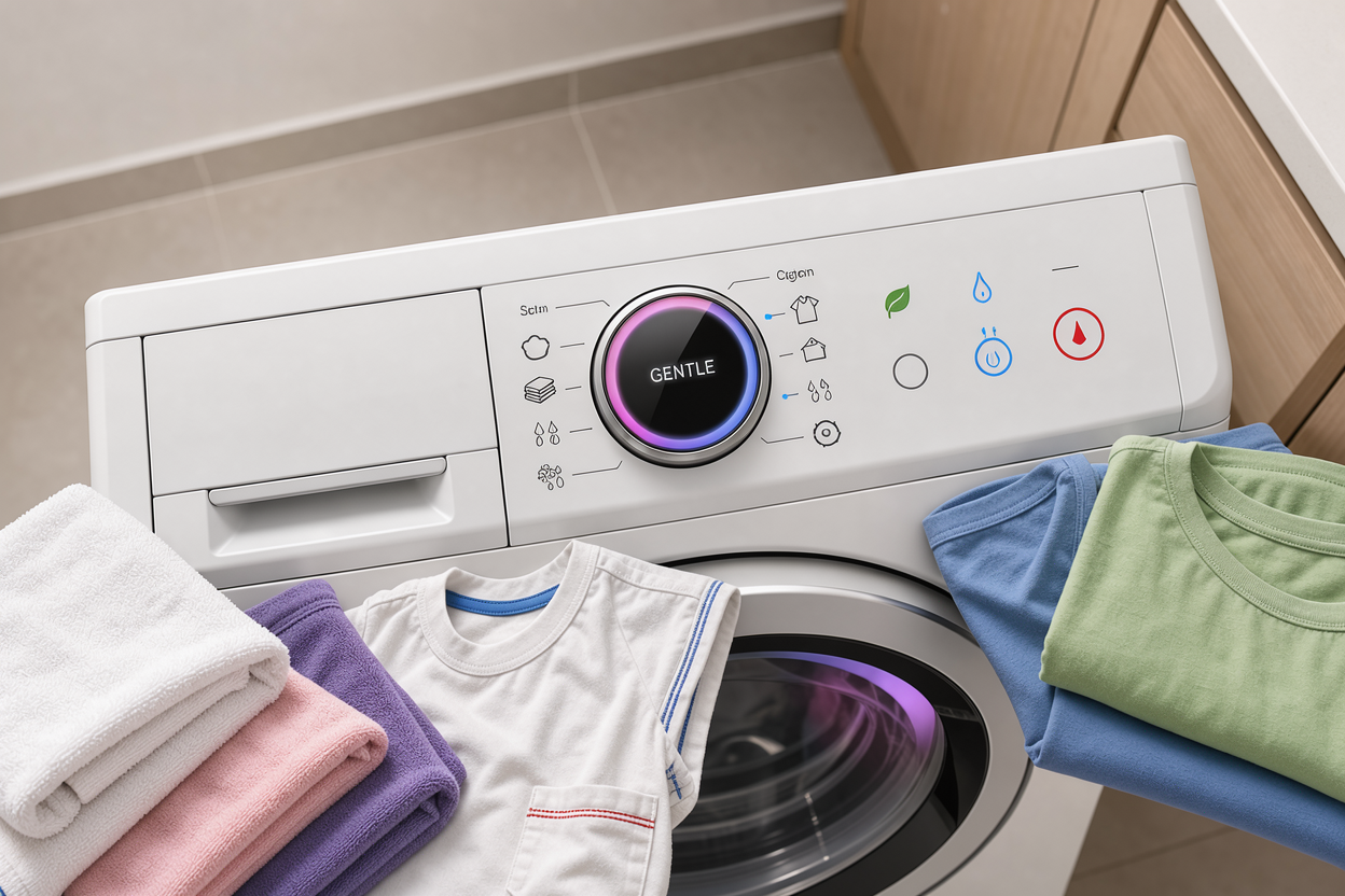 Top-down view of a washing machine control panel showing different program icons and a gentle cycle selected, towels and shirts waiting to be loaded, neutral home environment