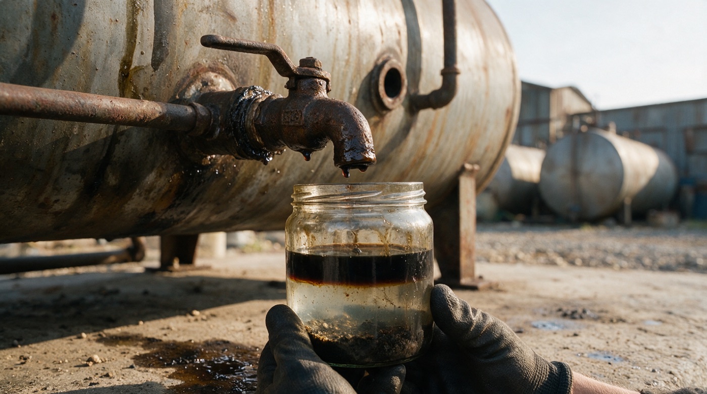 Слив отстоя из нижней точки. Вода и осадок собираются именно там, откуда идёт забор топлива