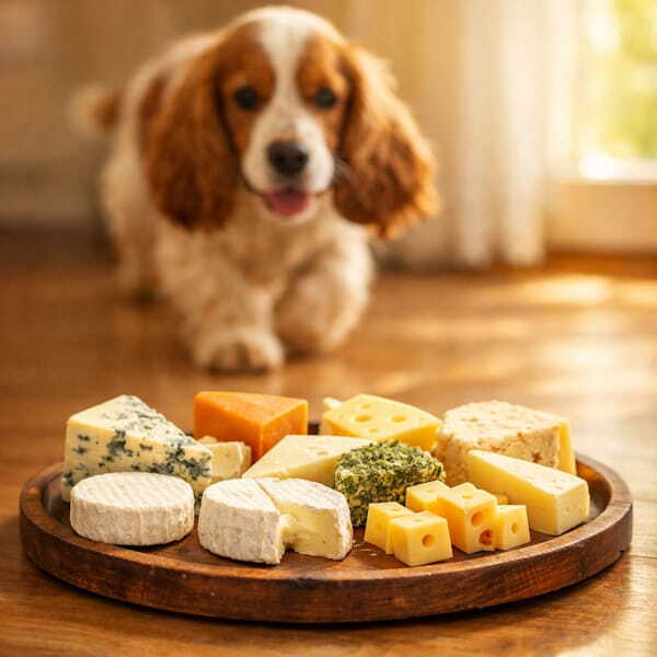 Собака подходит к подносу с разными видами сыра на полу кухни — иллюстрация к статье «можно ли собакам сыр», какой сыр можно собаке, польза и вред сыра для собак, можно ли щенку сыр, моцареллу, творожный или плавленый сыр, и чем опасен голубой сыр.