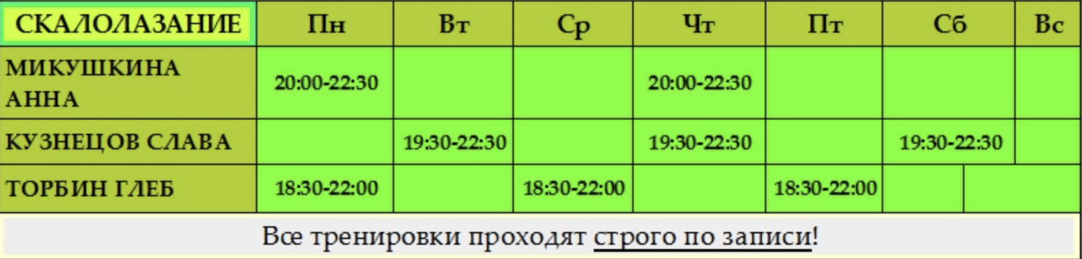 расписание тренировок по скалолазанию для взрослых