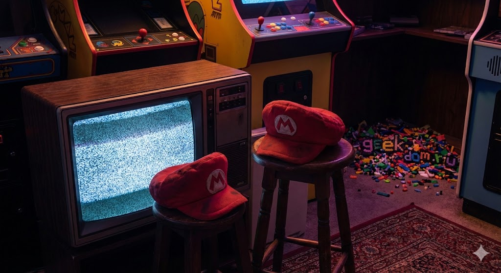 Красная кепка на фоне ретро-телевизора в игровой комнате