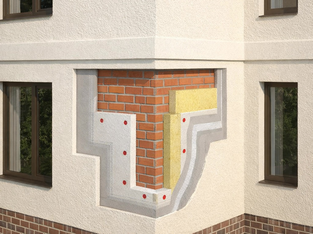 Разрез утепленного мокрого фасада на углу дома. Видны слои: кирпичная стена, утеплитель, базовый армирующий слой и финишная штукатурка, показанные как вырез в облицовке.