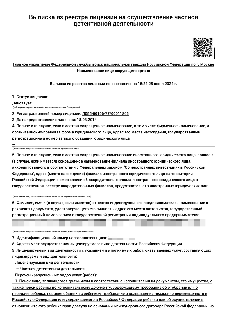 Выписка из реестра лицензий на частную детективную деятельность — страница 1