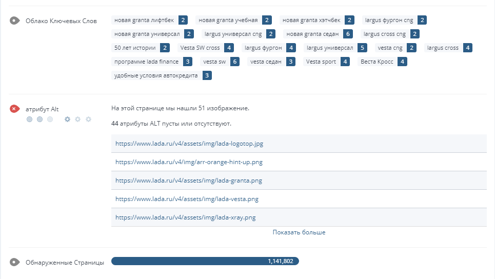 Результат анализа контента сайта lada.ru — у картинок нет «альтов»