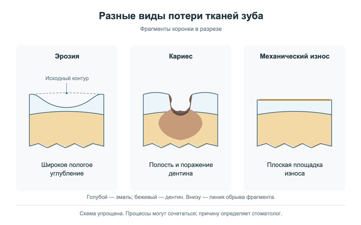 Различия эрозии кариеса и механического износа