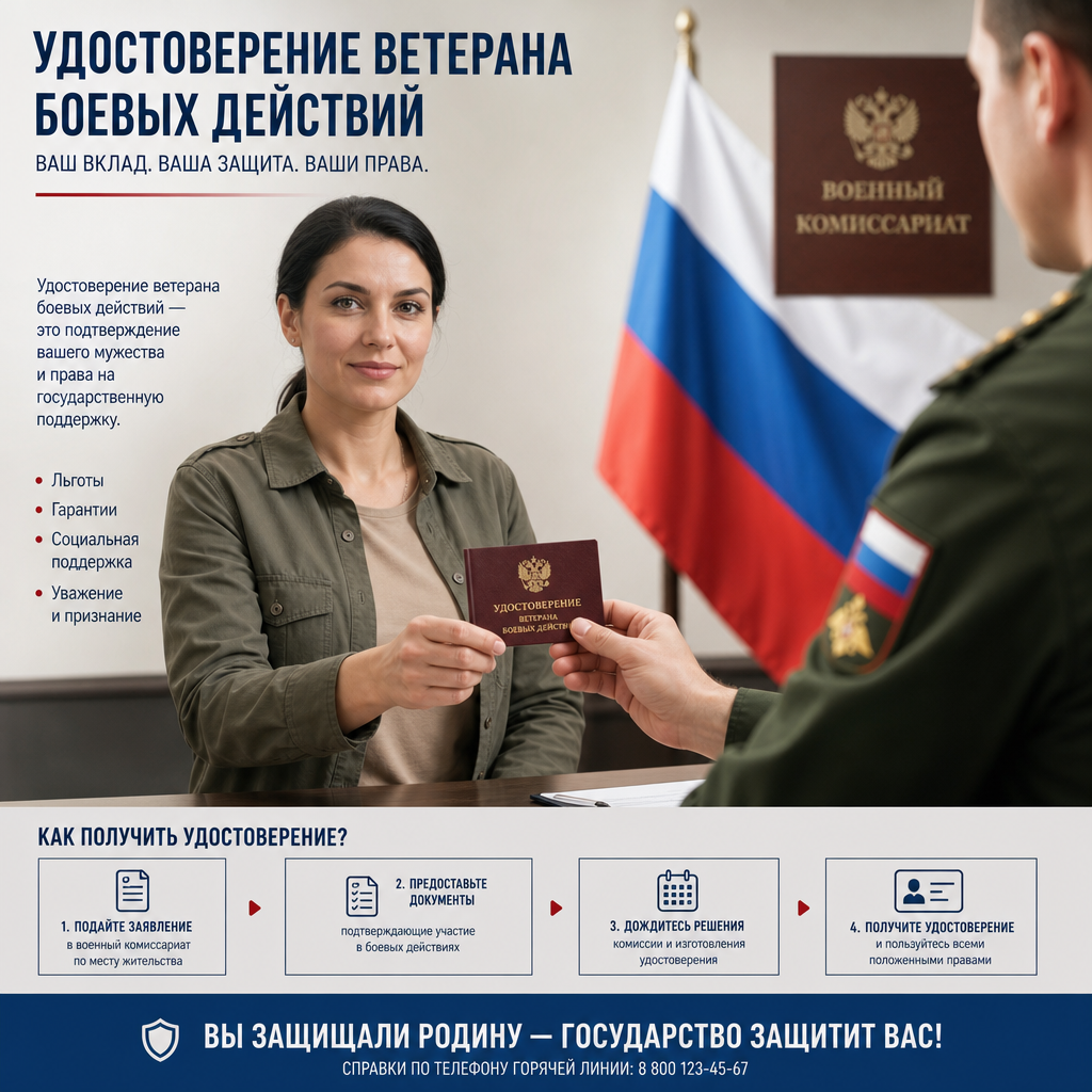 Женщина-ветеран боевых действий в гражданской одежде с удостоверением ветерана в руках — момент получения документа в военном комиссариате, на заднем плане государственный флаг России