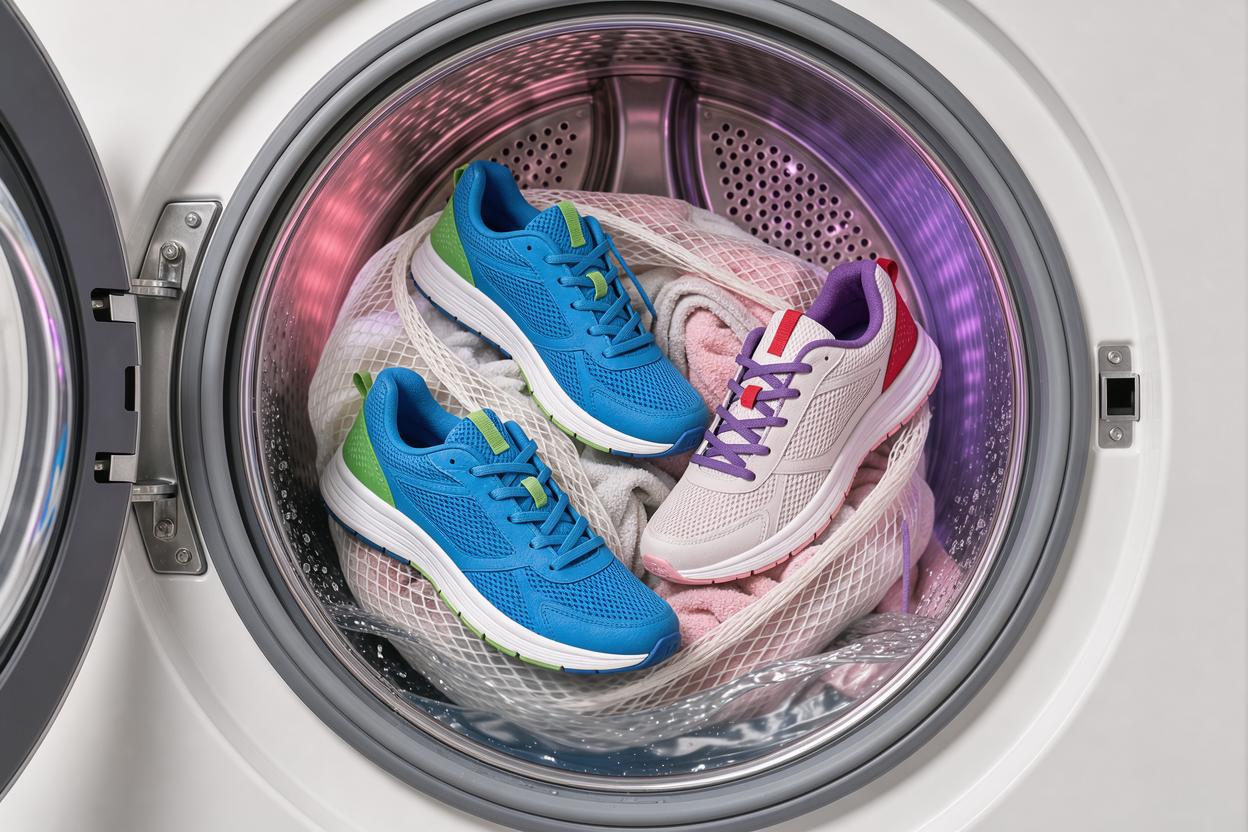 two pairs of running sneakers inside a washing machine drum placed with towels in a mesh bag mid-cycle, visible water and gentle motion, no branded products