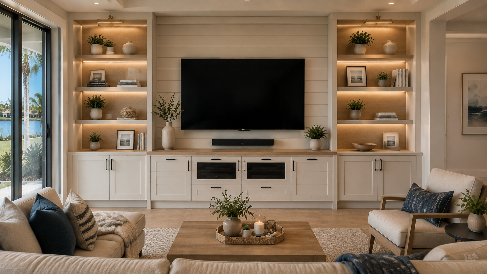 Built-in media wall with white cabinetry, open shelving, integrated lighting, concealed storage, and a centered mounted TV.