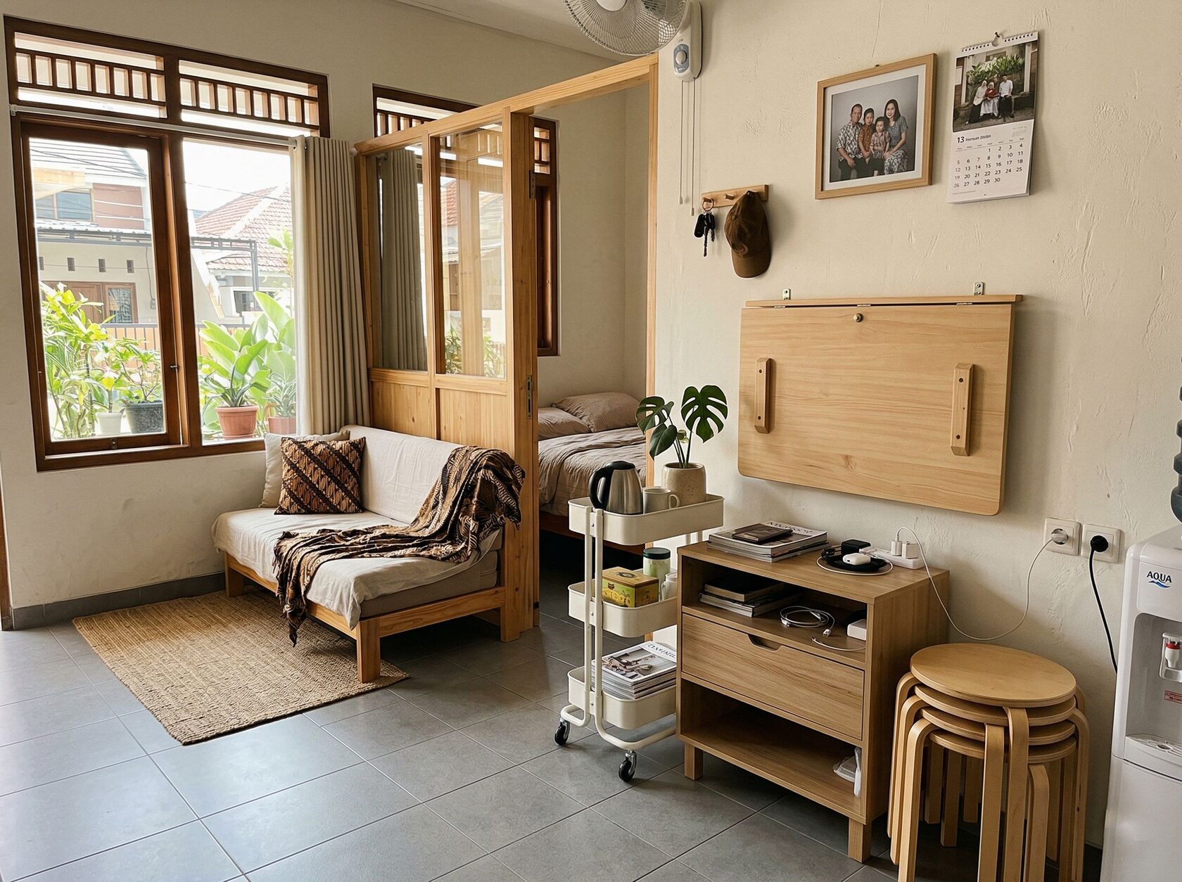 Meja lipat dan troli slim untuk apartemen kecil