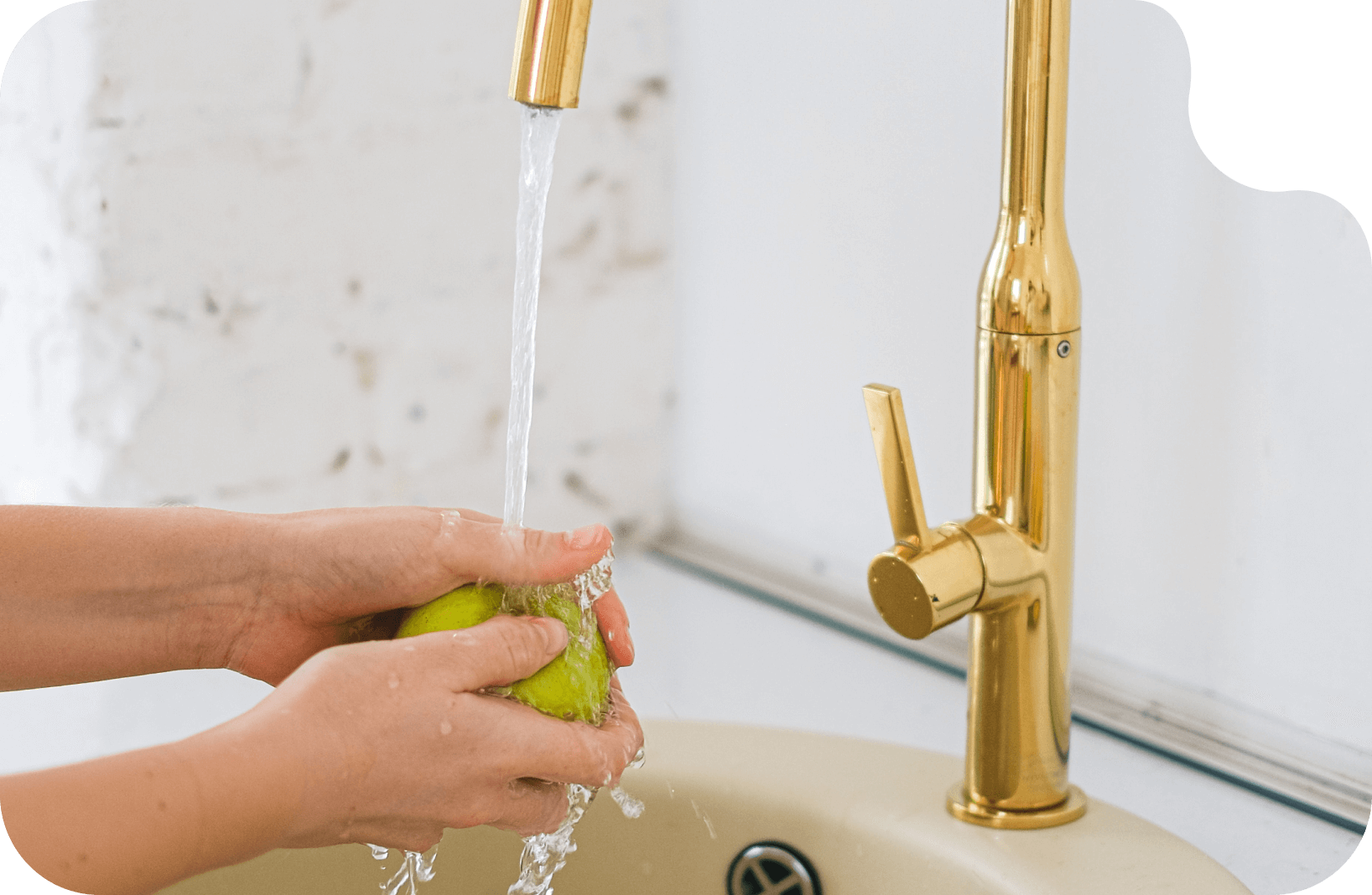 Человек моет зеленое яблоко чистой водой после дезинфекции серебром 