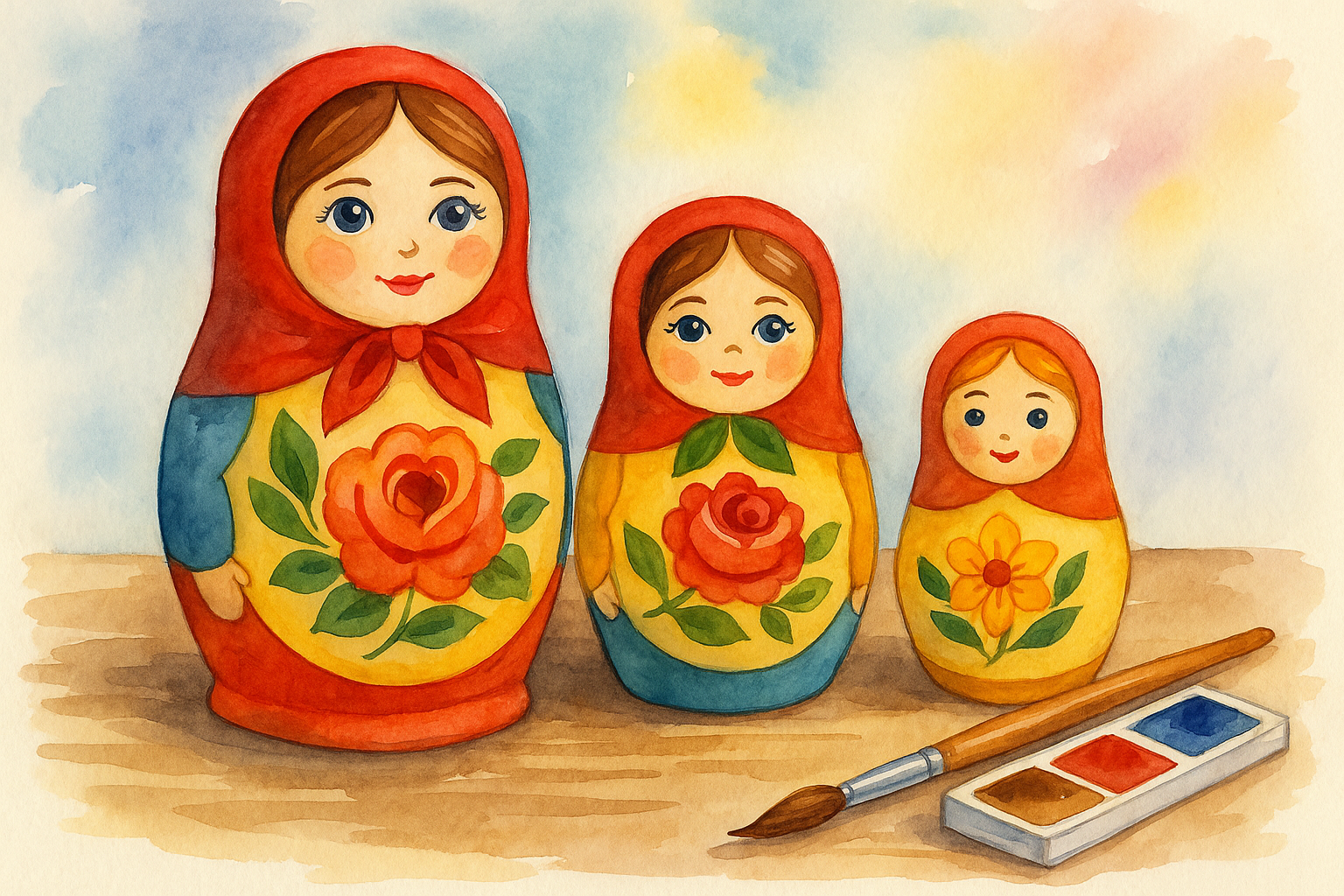 Роспись матрёшки акварелью — традиционные деревянные куклы, расписанные яркими узорами вручную