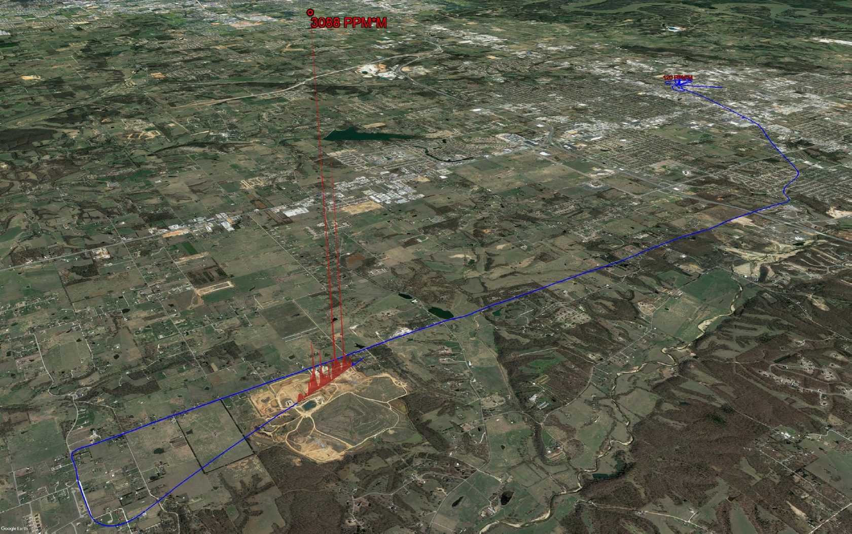 Figure 4: Landfill Methane Emissions — Single Pass Profile. The 120 PPM×M detection in the upper right corner of the landfill was 150 cubic feet per hour