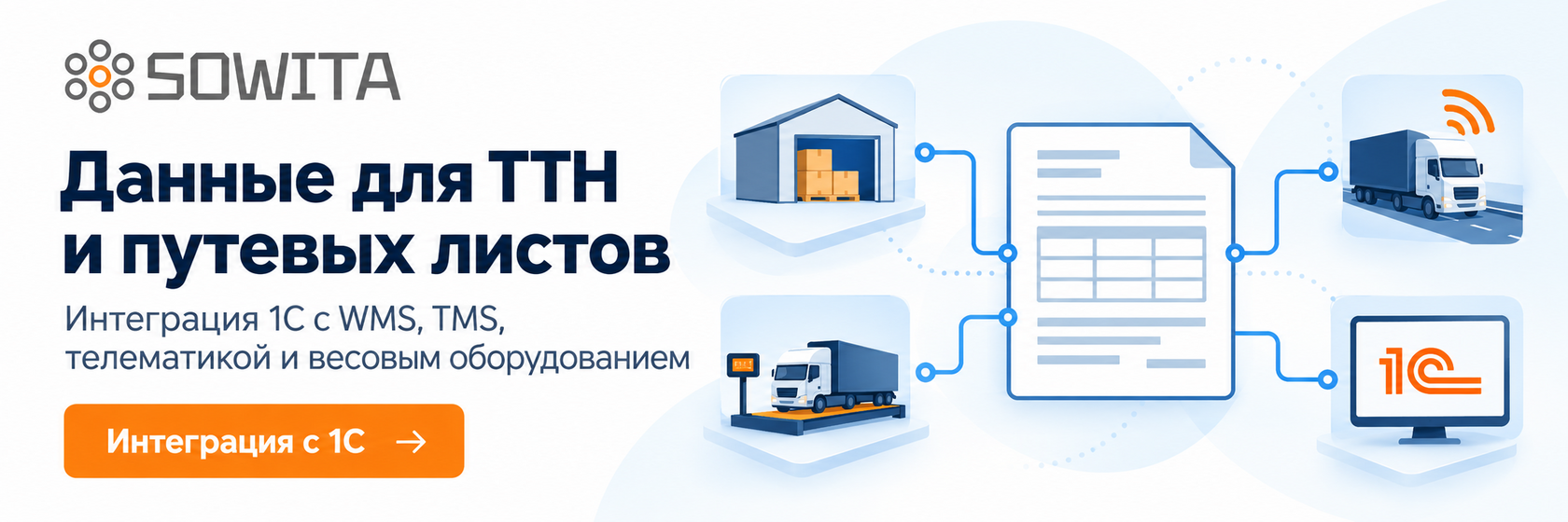 Интеграция 1С с WMS, TMS, телематикой и весовым оборудованием для подготовки путевых листов и ТТН