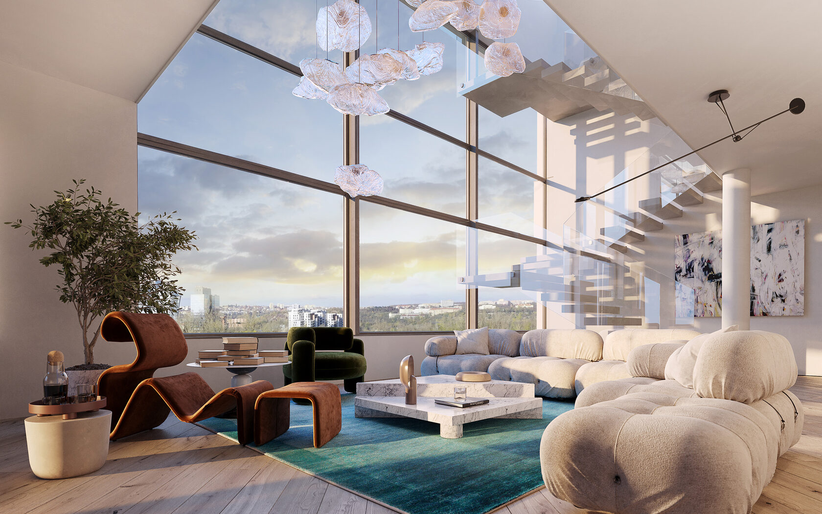 View of Penthouse With High Ceilings And Floor To Ceiling Windows