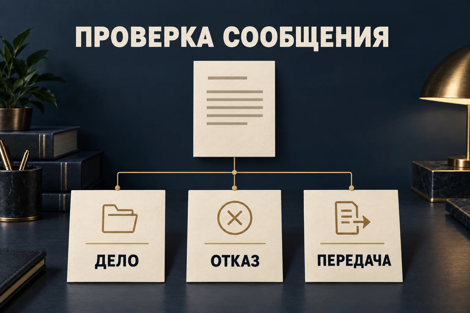 Концептуальная схема трёх решений по результатам проверки сообщения: возбуждение дела, отказ или передача по подследственности